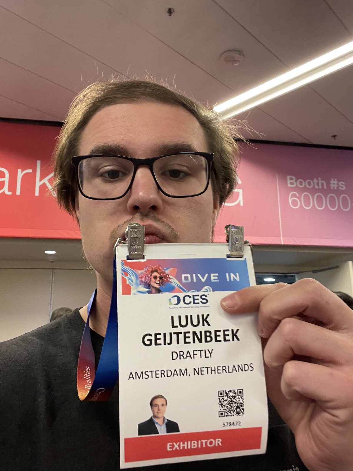 Selfie :) — CES Exhibitor pass, Draftly (AI startup)